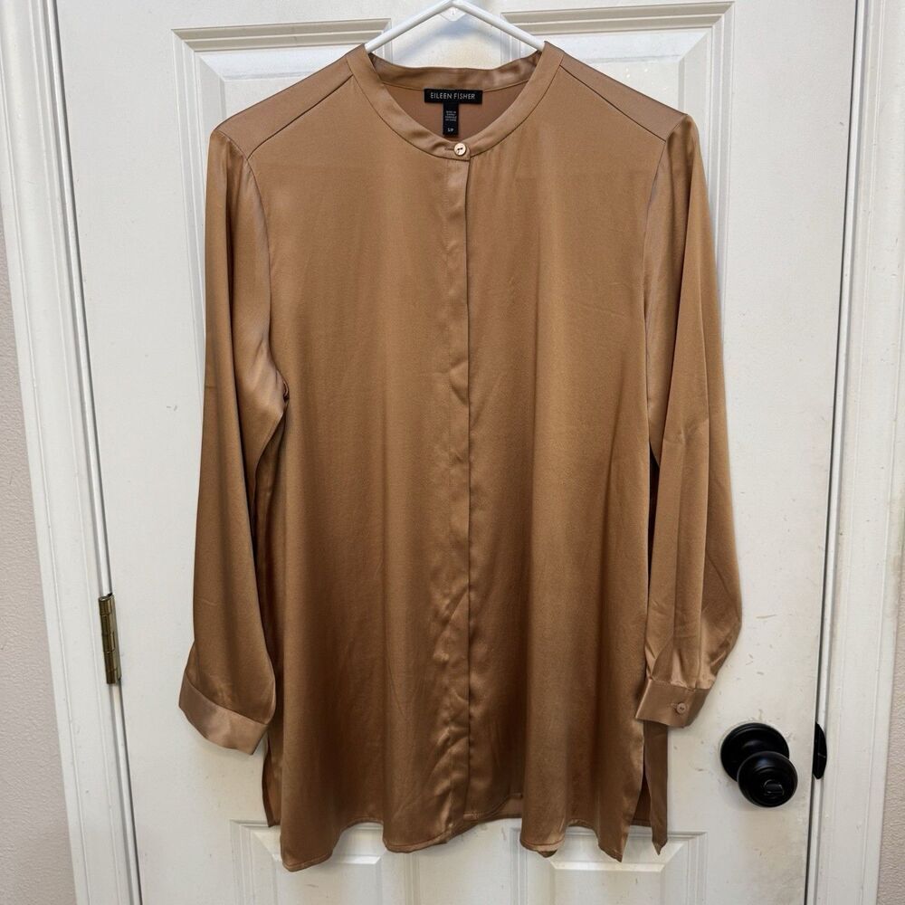 Eileen Fisher Shirt Silk Spandex Button Up Long Sleeve Top Women’s S/P Brown